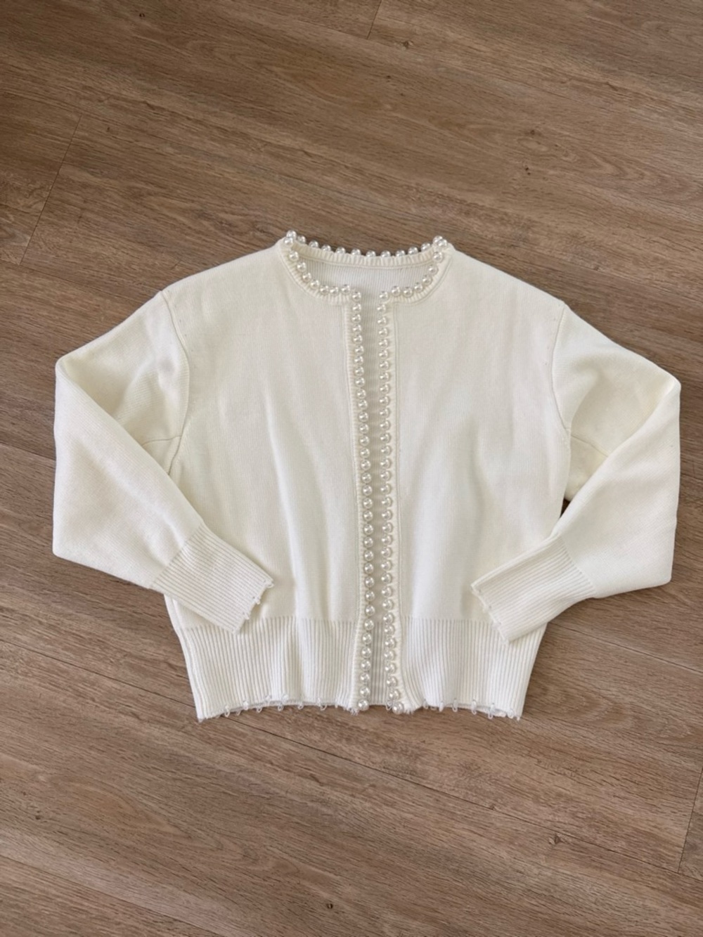 Commense Ivory Pearl-Trim Women's Cardigan Sweater Small
